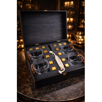 Подарунковий набір для віскі Moltis Premium — 4 склянки, металеві охолоджувальні кубики, елітний комплект у дерев’яній коробці