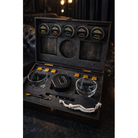 Подарочный набор для виски с электрическим смокером Moltis — 2 стакана Quadro, охлаждающие металлические кубики и щепа