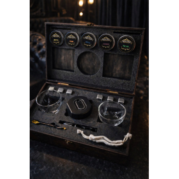 Подарунковий набір для віскі з електричним смокером Moltis — 2 келихи Quadro, металеві охолоджувальні кубики та набір тріски