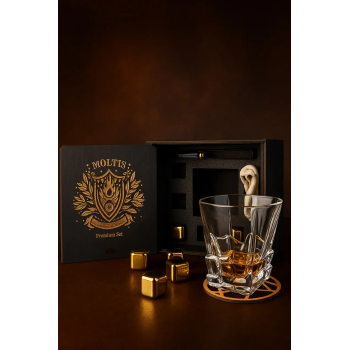 Подарунковий віскі-набір Moltis Saxum Premium з келихом, щипцями, мішечком, підставкою та 5 охолоджувальними кубиками (MR-1021)