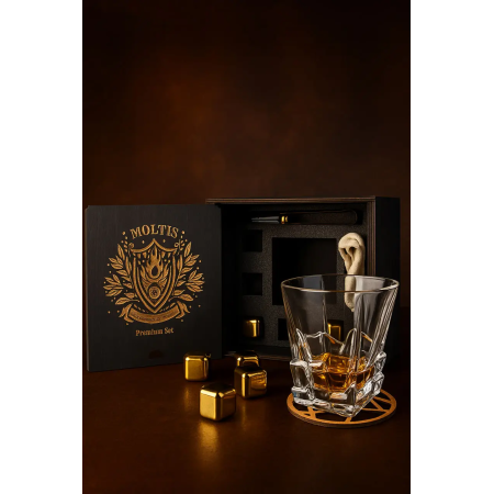 Подарочный виски-набор Moltis Saxum Premium с бокалом, щипцами, мешочком, подставкой и 5 охлаждающими кубиками (MR-1021)