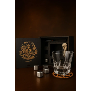 Подарунковий віскі-набір Moltis Saxum Premium з келихом, щипцями, мішечком, підставкою та 5 охолоджувальними кубиками (MR-1022)