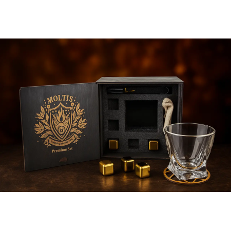 Подарочный виски-набор Moltis Quadro Premium с бокалом, щипцами, мешочком, подставкой и 5 охлаждающими кубиками (MR-1023)