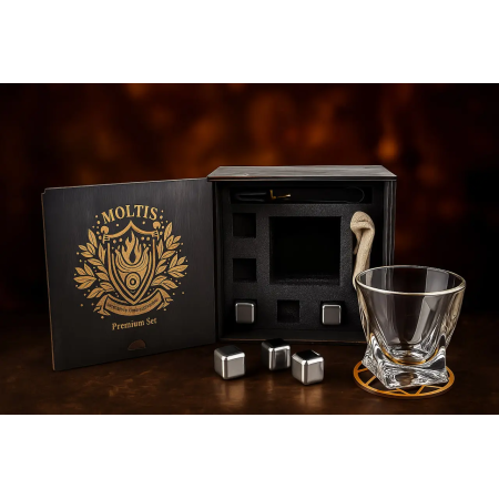 Подарочный виски-набор Moltis Quadro Premium с бокалом, щипцами, мешочком, подставкой и 5 охлаждающими кубиками (MR-1024)