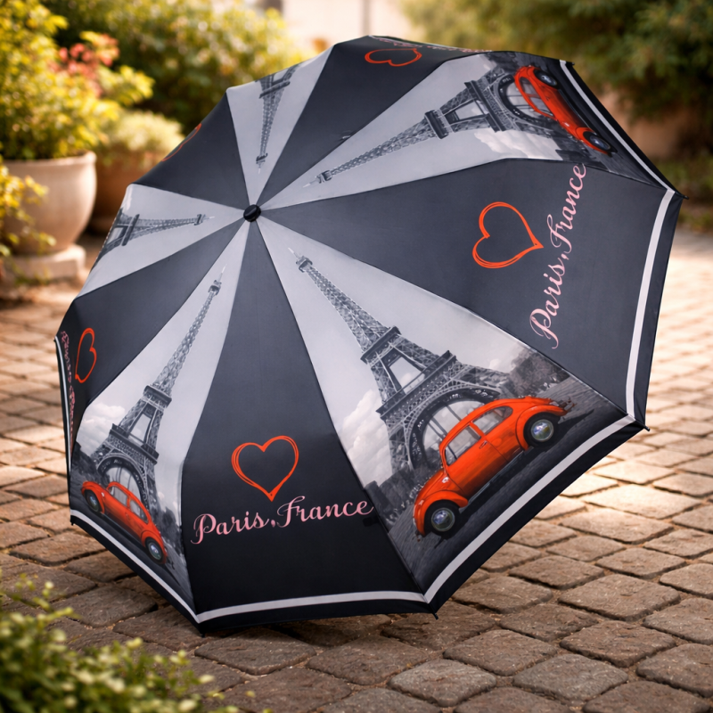 Жіноча складана парасолька-напівавтомат c принтом Ейфелевої вежі чорний, 509-2 20134