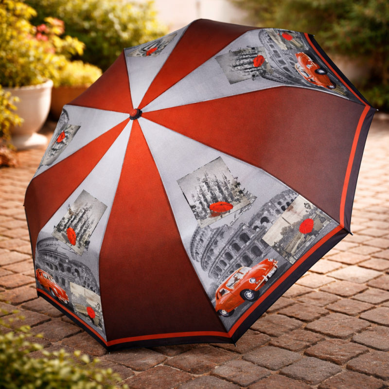 Жіноча складана парасолька-напівавтомат c принтом Колізею червоний, 509-3 20133