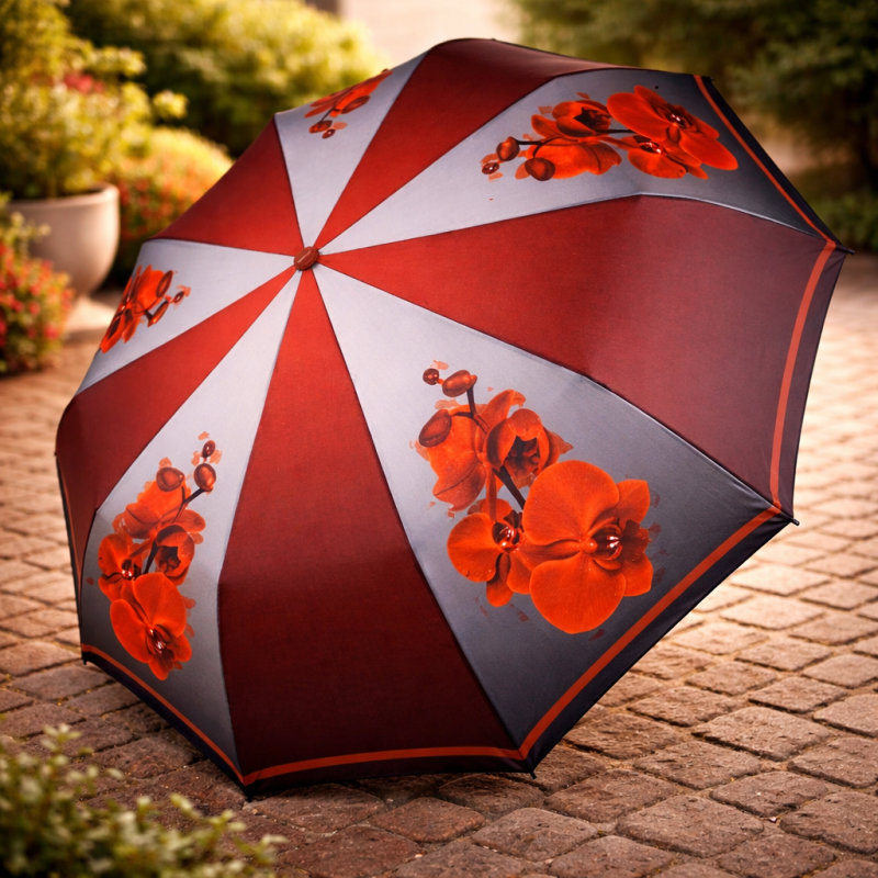 Жіноча складана парасолька-напівавтомат c принтом орхідей бордовий, 509-1 20133