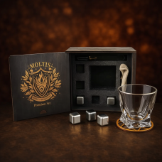 Подарунковий віскі-набір Moltis Quadro Premium з келихом, щипцями, мішечком, підставкою та 5 охолоджувальними кубиками (MR-1024)