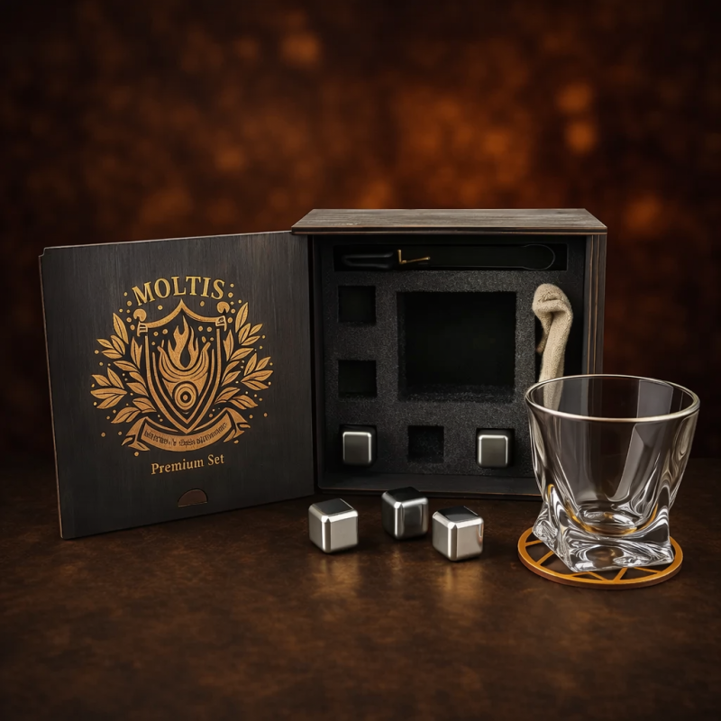 Подарунковий віскі-набір Moltis Quadro Premium з келихом, щипцями, мішечком, підставкою та 5 охолоджувальними кубиками (MR-1024)