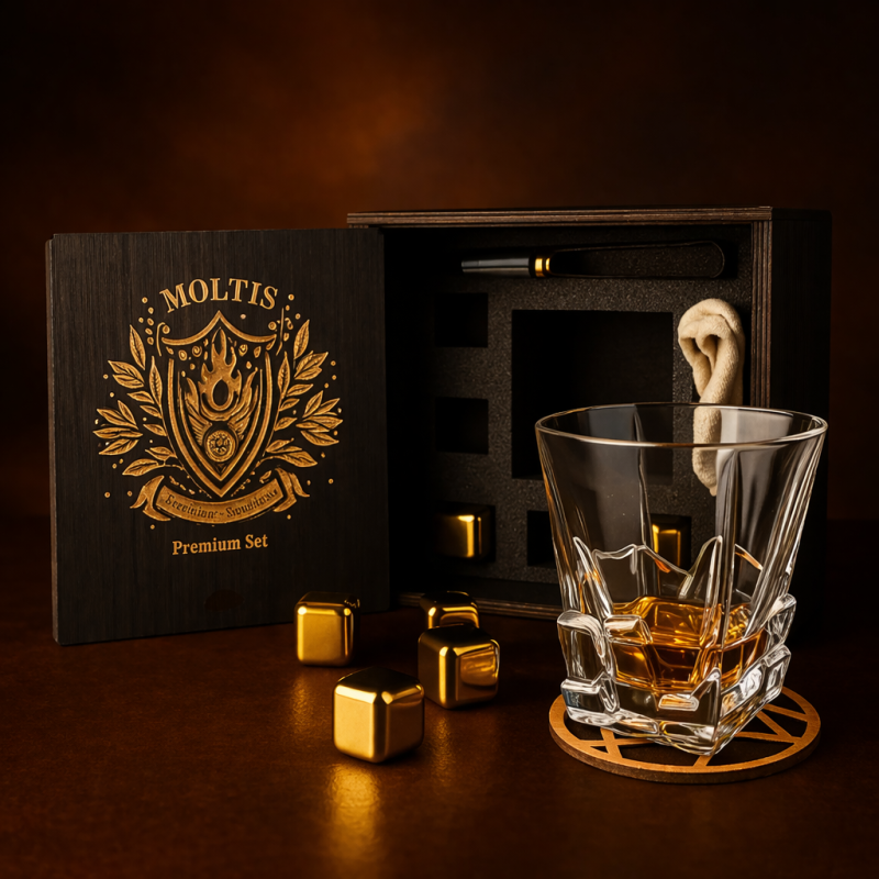 Подарунковий віскі-набір Moltis Saxum Premium з келихом, щипцями, мішечком, підставкою та 5 охолоджувальними кубиками (MR-1021)