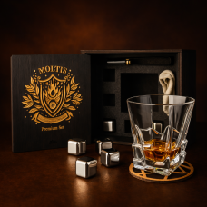Подарунковий віскі-набір Moltis Saxum Premium з келихом, щипцями, мішечком, підставкою та 5 охолоджувальними кубиками (MR-1022)