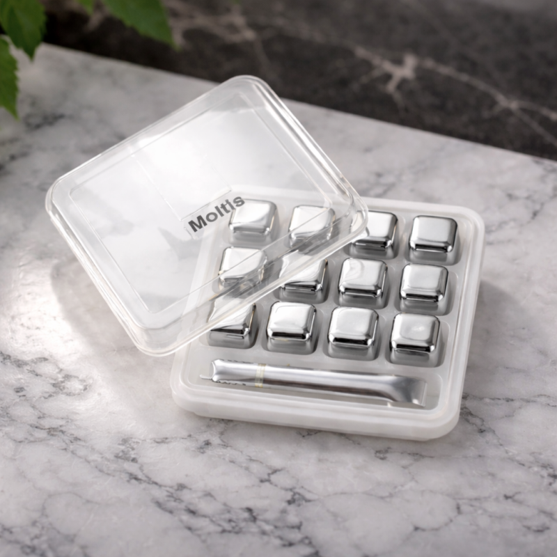 Кубики для віскі та інших напоїв Moltis 12 шт металеві Срібло + щипці Whiskey Stones Silver 10054