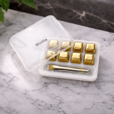 Кубики для віскі та інших напоїв Moltis 8 шт металеві Золото + щипці Whiskey Stones Gold 10056