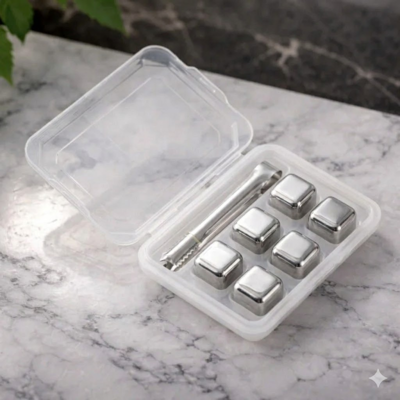 Кубики для віскі та інших напоїв Moltis 6 шт металеві Срібло + щипці Whiskey Stones Silver 10052