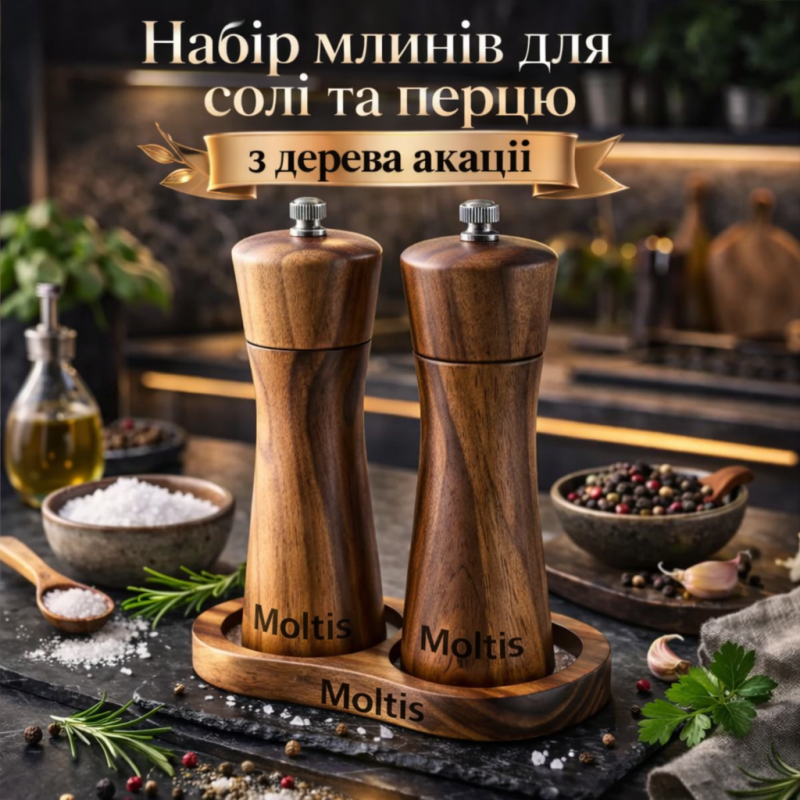 Дерев’яні млинці для солі й перцю 17см Moltis, з підставкою 10150