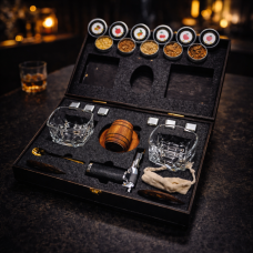 Подарунковий набір для віскі з деревяним смокером Moltis — 2 келихи Saxum, металеві охолоджувальні кубики та набір тріски