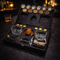 Подарунковий набір для віскі з деревяним смокером Moltis — 2 келихи Saxum, металеві охолоджувальні кубики та набір тріски