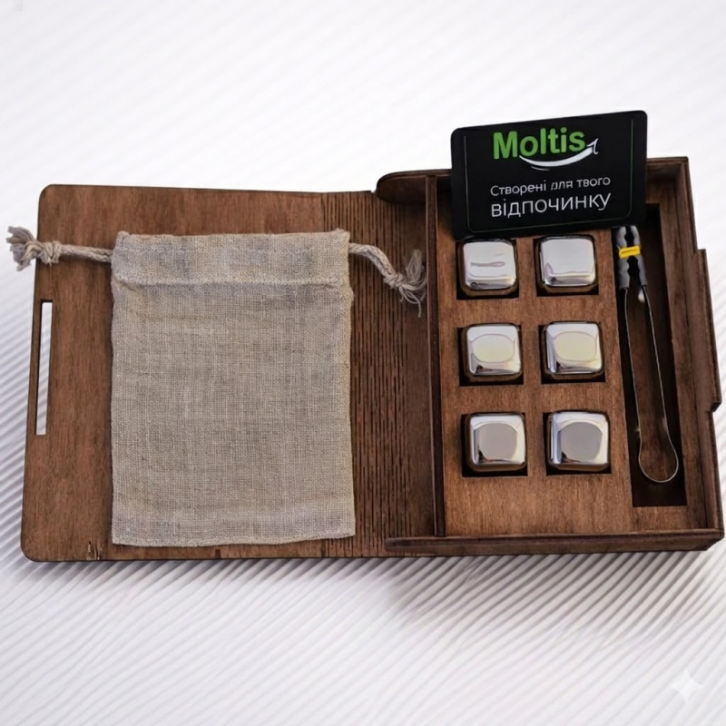 Кубики для віскі Moltis Relax Whiskey Stones Original Wood 6 шт з металу у серебряном цвете (без гравировки) MBS - 10504
