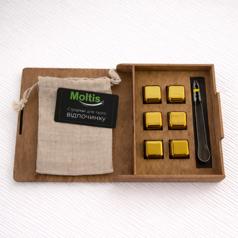 Кубики для віскі Moltis Relax Whiskey Stones Original Wood 6 шт з металу у золотом цвете (без гравировки) MBG - 10513