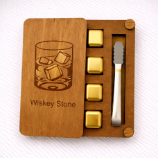 Подарунковий набір для віскі Moltis Relax – 4 золоті металеві кубики в дерев’яній коробці (WS-10702)