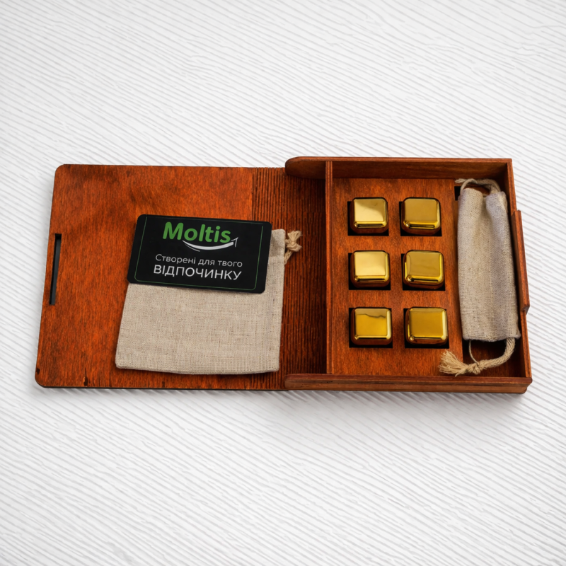 Кубики для віскі Moltis Relax Whiskey Stones Original Wood 6 шт з металу у золотом цвете (без гравировки) MBG - 10513