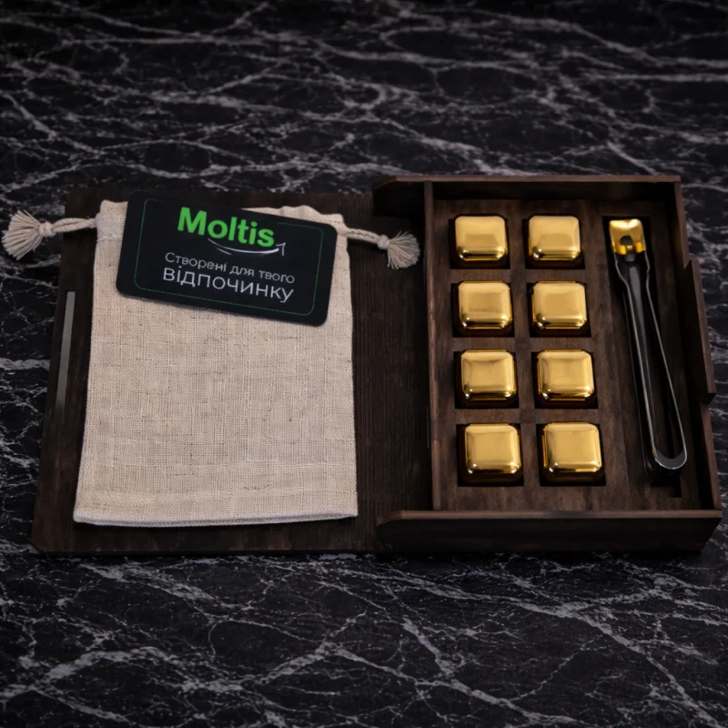 Кубики для віскі Moltis Relax Whiskey Stones Original Wood 8 шт з металу у золотом цвете (без гравировки) MBG - 10514