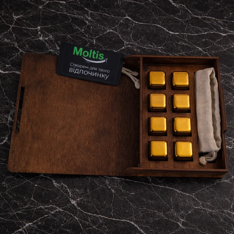 Кубики для віскі Moltis Relax Whiskey Stones Original Wood 8 шт з металу у золотом цвете (без гравировки) MBG - 10515
