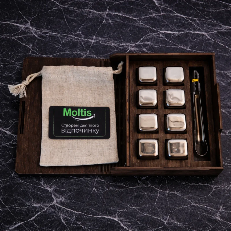 Кубики для віскі Moltis Relax Whiskey Stones Original Wood 8 шт з металу у серебряном цвете (без гравировки) MBS - 10507