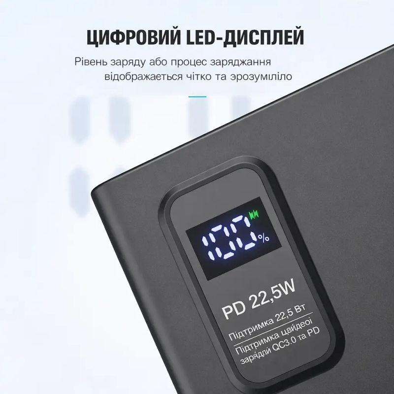 Повербанк Moltis 20000 mAh з швидкою зарядкою PD 22.5W, QC 3.0, LED-дисплеєм, Type-C, 3 виходи 10115
