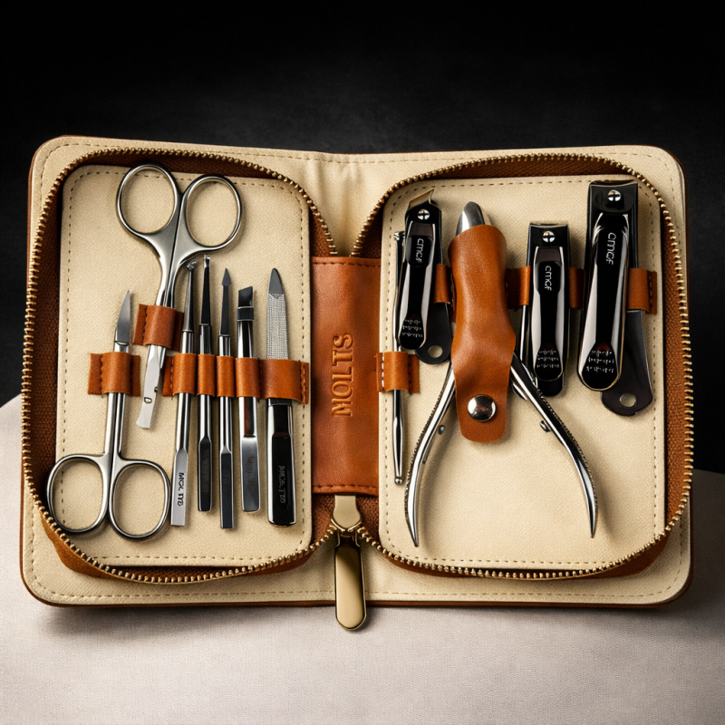 Манікюрний набір Moltis Maxi Braun PRO_12 предметів стильний Lux в чохлі з екошкіри