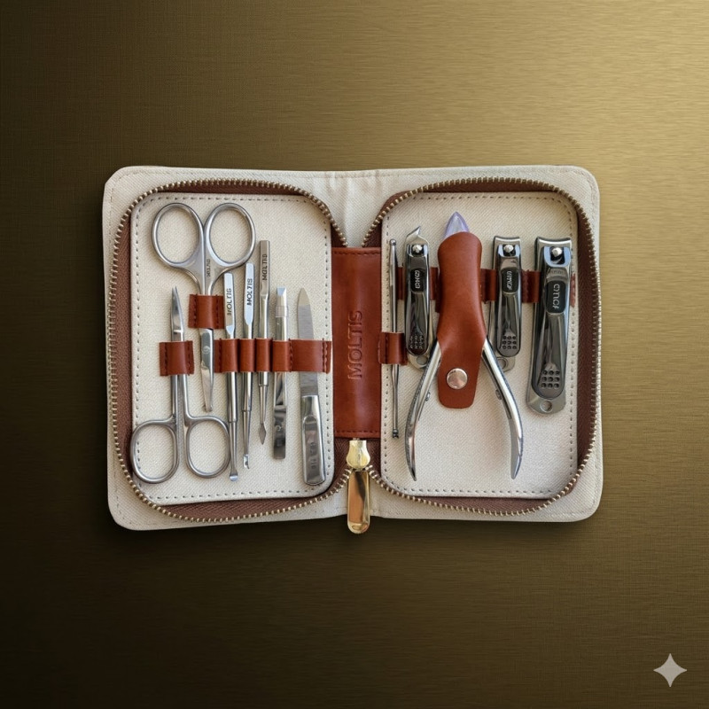 Манікюрний набір Moltis Maxi Braun PRO_12 предметів стильний Lux в чохлі з екошкіри