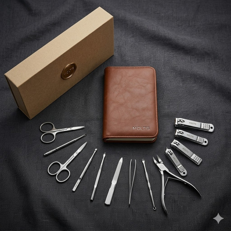 Манікюрний набір Moltis Maxi Braun PRO_12 предметів стильний Lux в чохлі з екошкіри