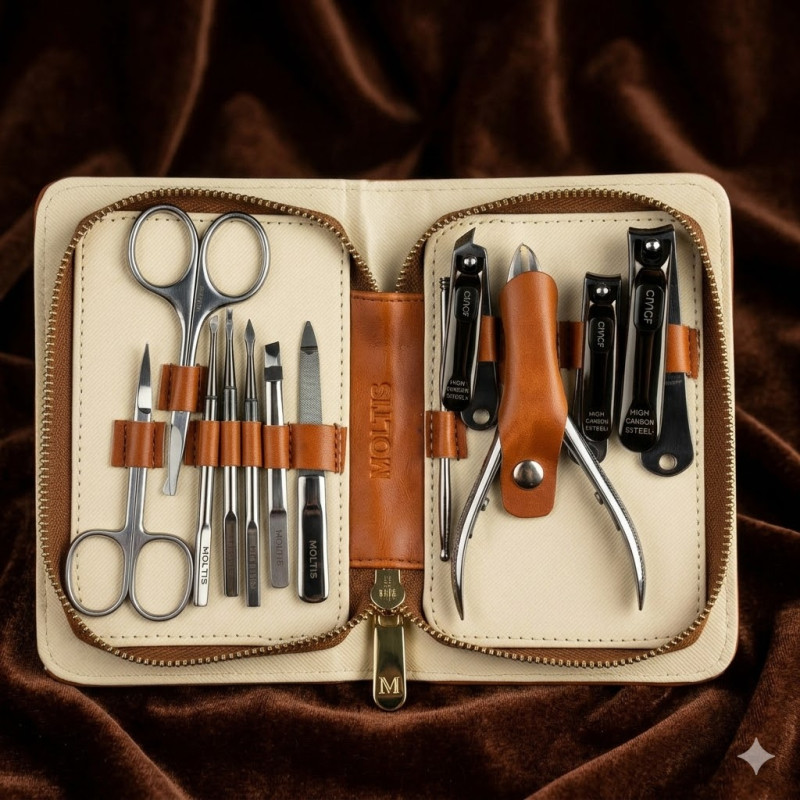 Манікюрний набір Moltis Maxi Braun PRO_12 предметів стильний Lux в чохлі з екошкіри