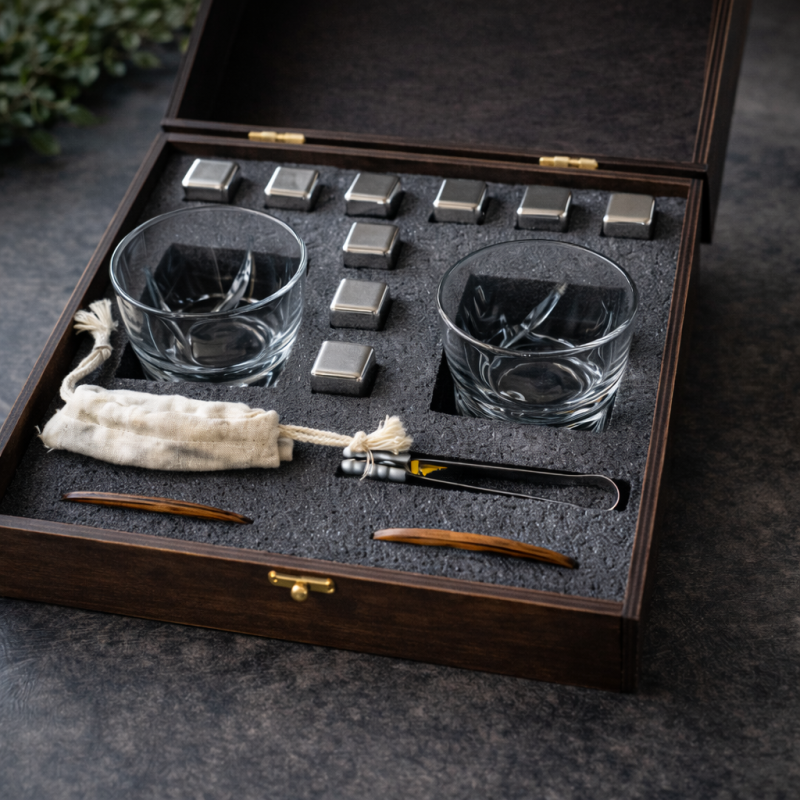 Подарунковий набір для віскі Moltis MR-2001 — 2 склянки та охолоджувальні камені, Premium