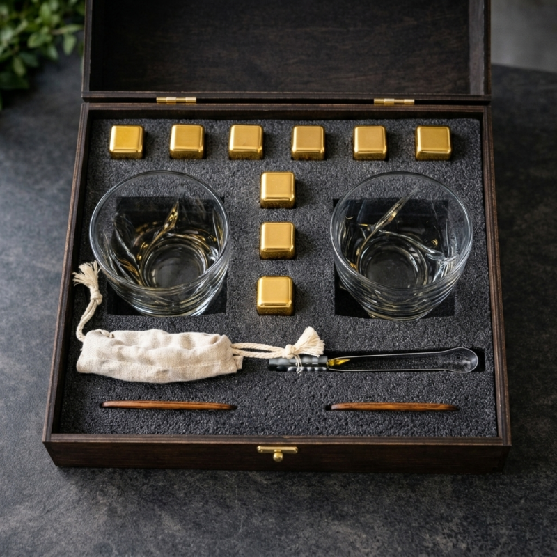 Подарунковий набір для віскі Moltis Premium MR-2002 з 2 склянками та камінням для охолодження віскі, набір сомельє для віскі у подарунковій коробці 10083