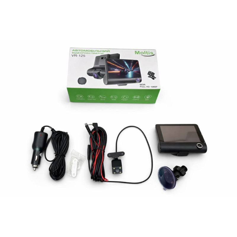 Відеореєстратор Moltis VR-125 з трьома камерами, HD 720p, салон + задня камера, 30 fps, USB