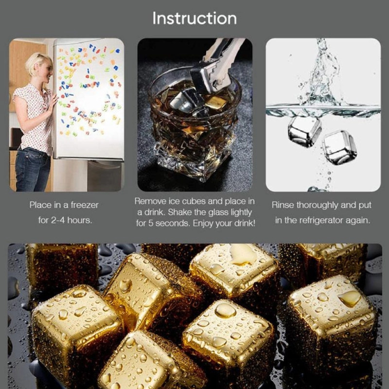 Кубики для віскі та інших напоїв Moltis 6 шт Золото + щипці Whiskey Stones Gold GK6