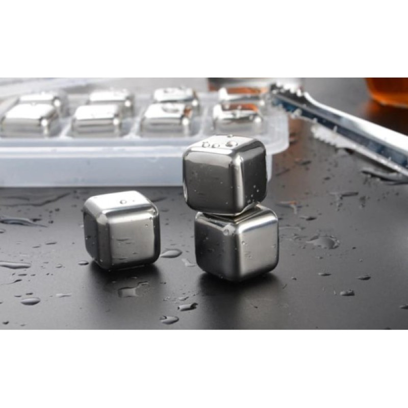 Кубики для віскі та інших напоїв Moltis 8 шт металеві Срібло + щипці Whiskey Stones Silver