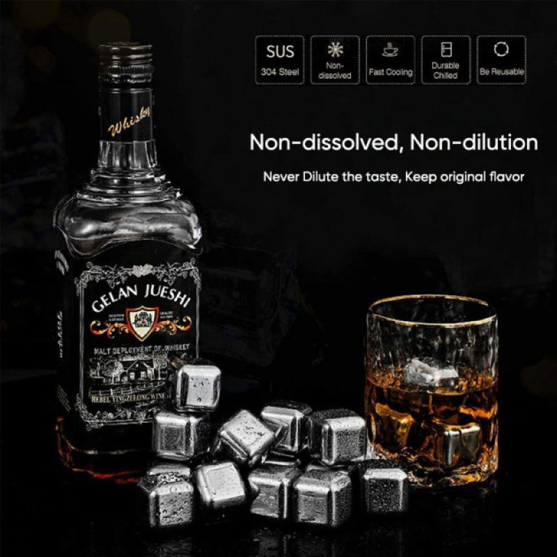 Кубики для віскі та інших напоїв Moltis 6 шт металеві Срібло + щипці Whiskey Stones Silver