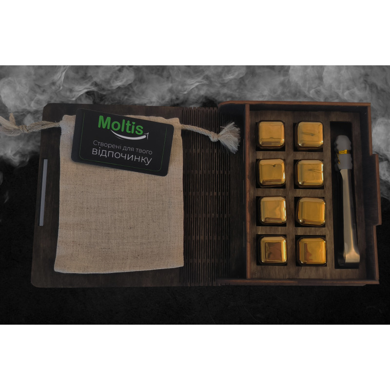 Кубики для віскі Moltis Relax Whiskey Stones Original Wood 8 шт з металу у золотом цвете (без гравировки) MBG - 10514