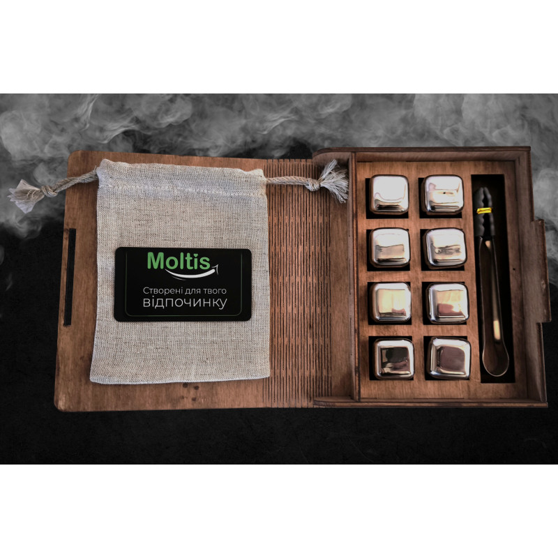Кубики для віскі Moltis Relax Whiskey Stones Original Wood 8 шт з металу у серебряном цвете (без гравировки) MBS - 10506