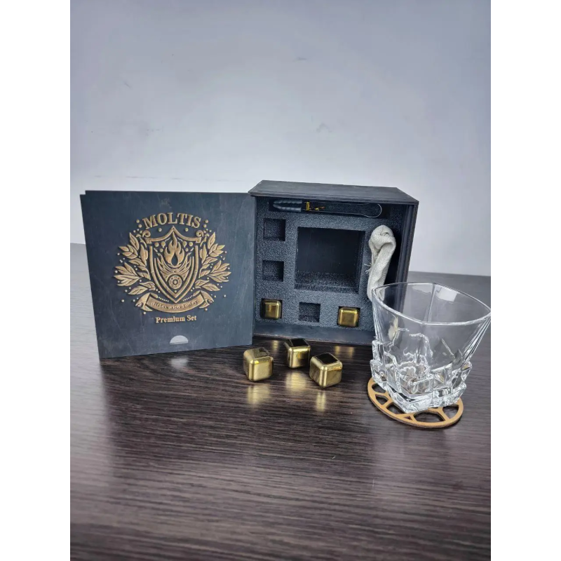 Подарунковий віскі-набір Moltis Saxum Premium з келихом, щипцями, мішечком, підставкою та 5 охолоджувальними кубиками (MR-1021)