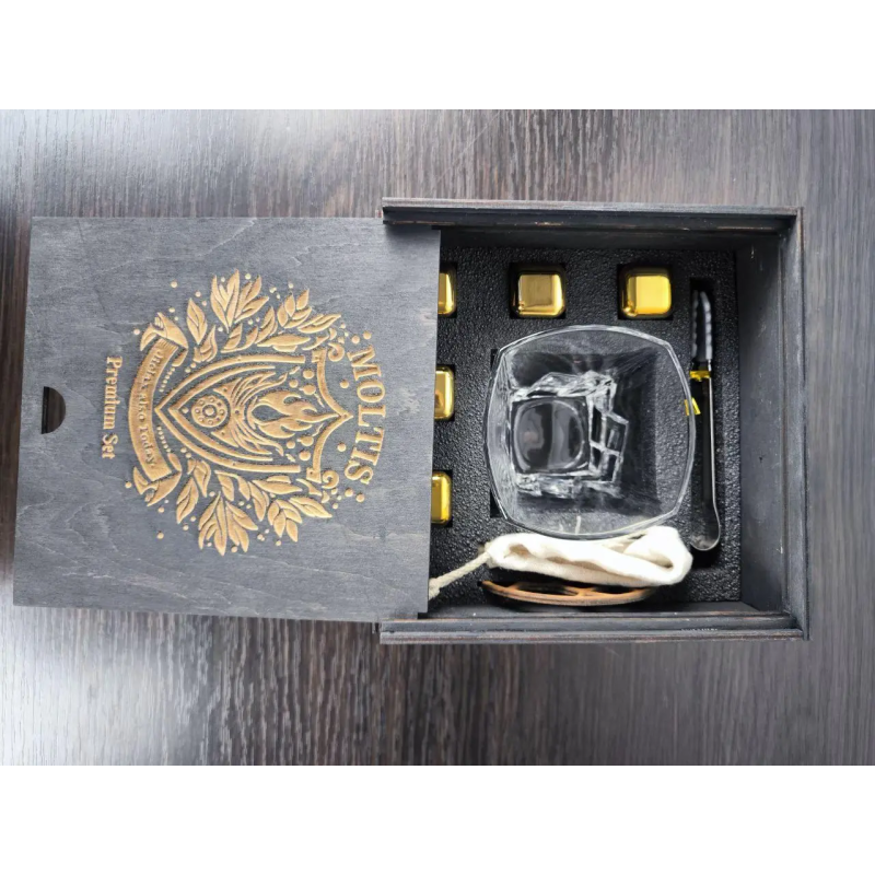 Подарунковий віскі-набір Moltis Saxum Premium з келихом, щипцями, мішечком, підставкою та 5 охолоджувальними кубиками (MR-1021)