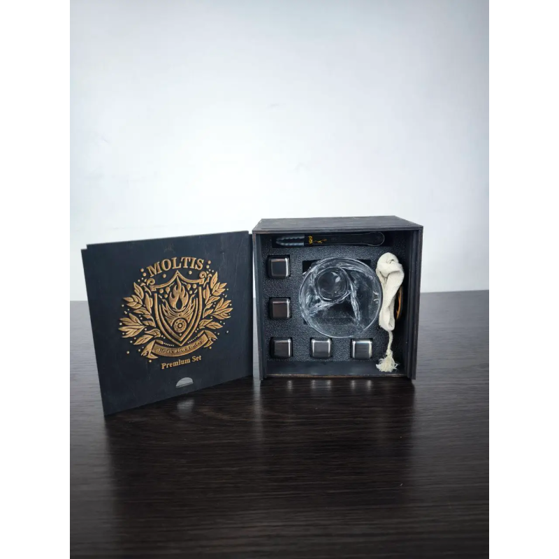 Подарунковий віскі-набір Moltis Quadro Premium з келихом, щипцями, мішечком, підставкою та 5 охолоджувальними кубиками (MR-1024)