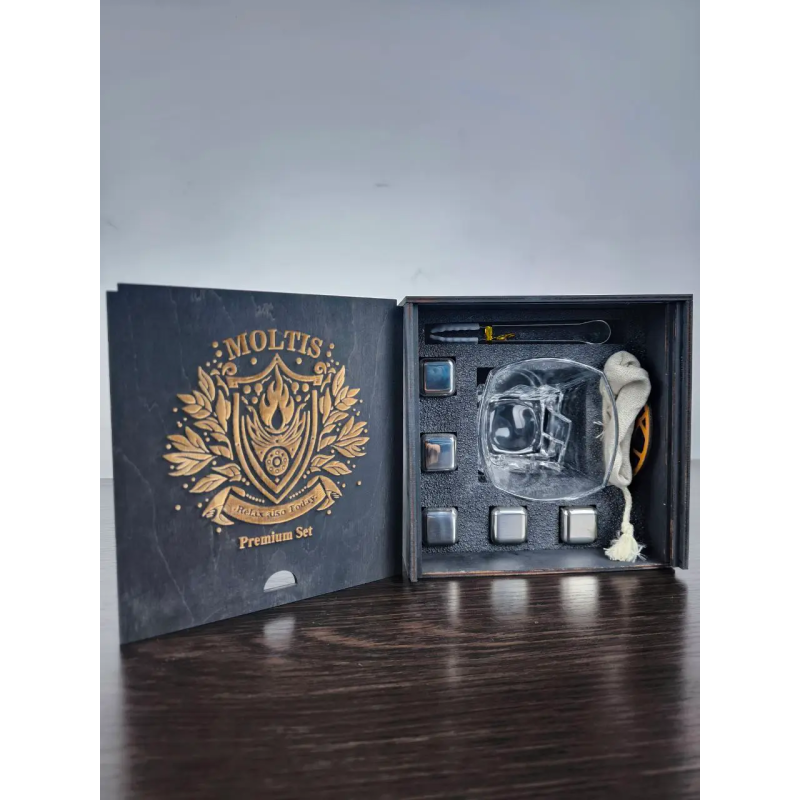 Подарунковий віскі-набір Moltis Saxum Premium з келихом, щипцями, мішечком, підставкою та 5 охолоджувальними кубиками (MR-1022)