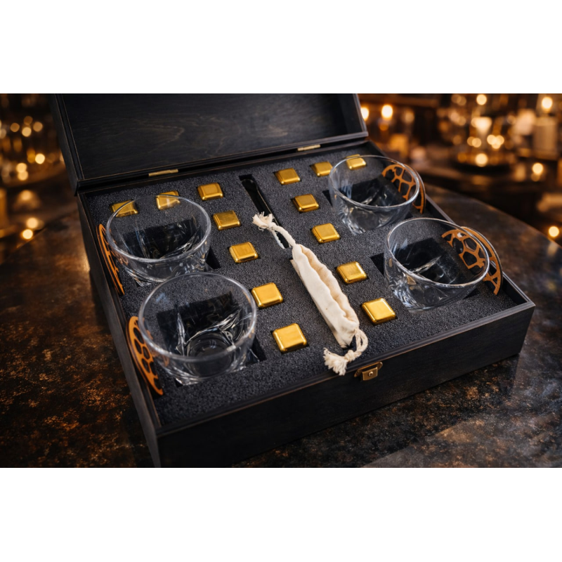 Подарунковий набір для віскі Moltis Premium — 4 склянки, металеві охолоджувальні кубики, елітний комплект у дерев’яній коробці