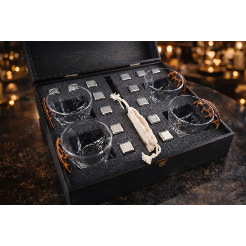 Подарунковий набір для віскі Moltis Premium — 4 склянки, металеві охолоджувальні кубики, елітний комплект у дерев’яній коробці