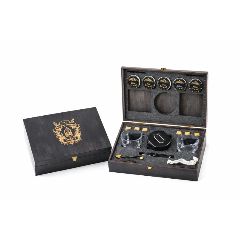 Подарунковий набір для віскі з електричним смокером Moltis — 2 келихи Quadro, металеві охолоджувальні кубики та набір тріски