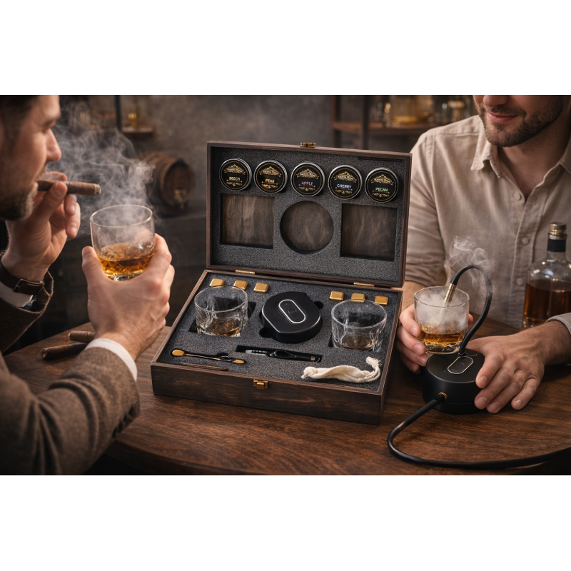 Подарунковий набір для віскі з електричним смокером Moltis — 2 келихи Quadro, металеві охолоджувальні кубики та набір тріски
