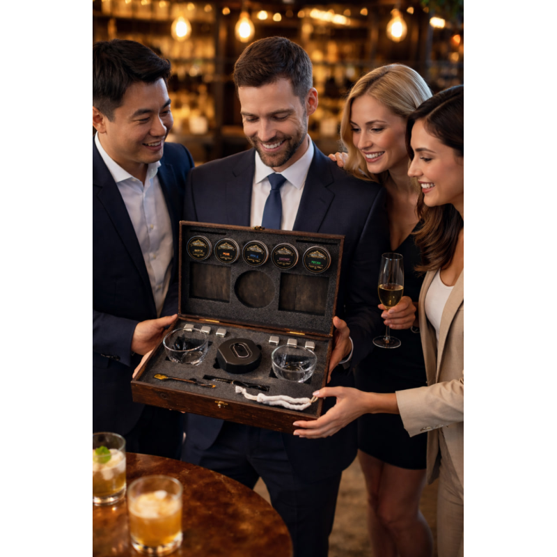 Подарунковий набір для віскі з електричним смокером Moltis — 2 келихи Quadro, металеві охолоджувальні кубики та набір тріски